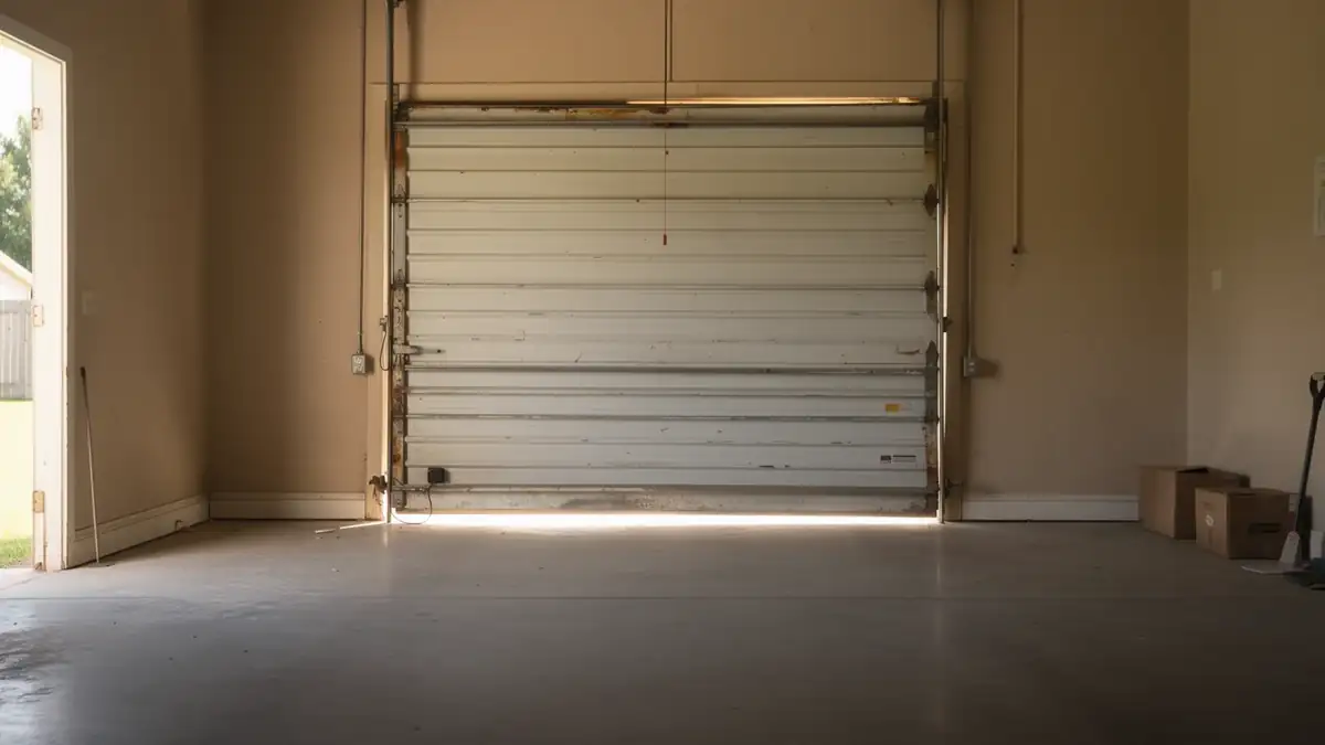 The white garage door is closed with light shining underneath.