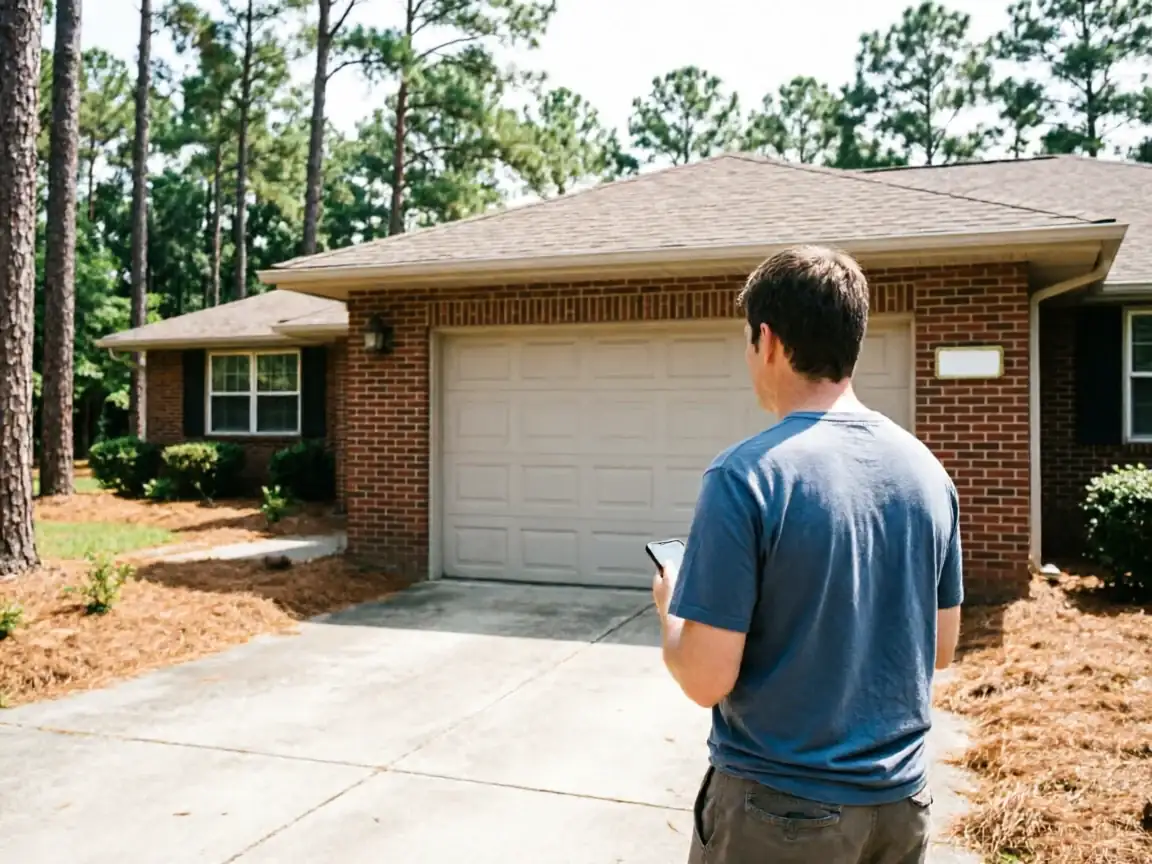 A man stands in a driveway looking at a phone in front of a brick house.