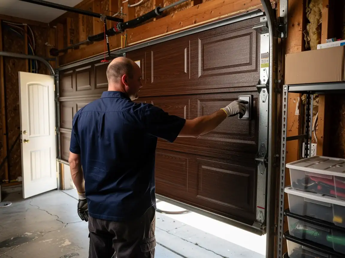 A technician in a blue shirt is opening a brown garage door.
