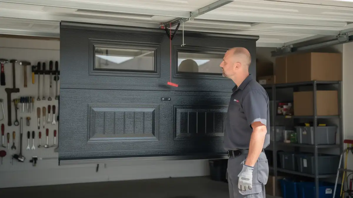 A technician stands next to a dark gray garage door with windows.