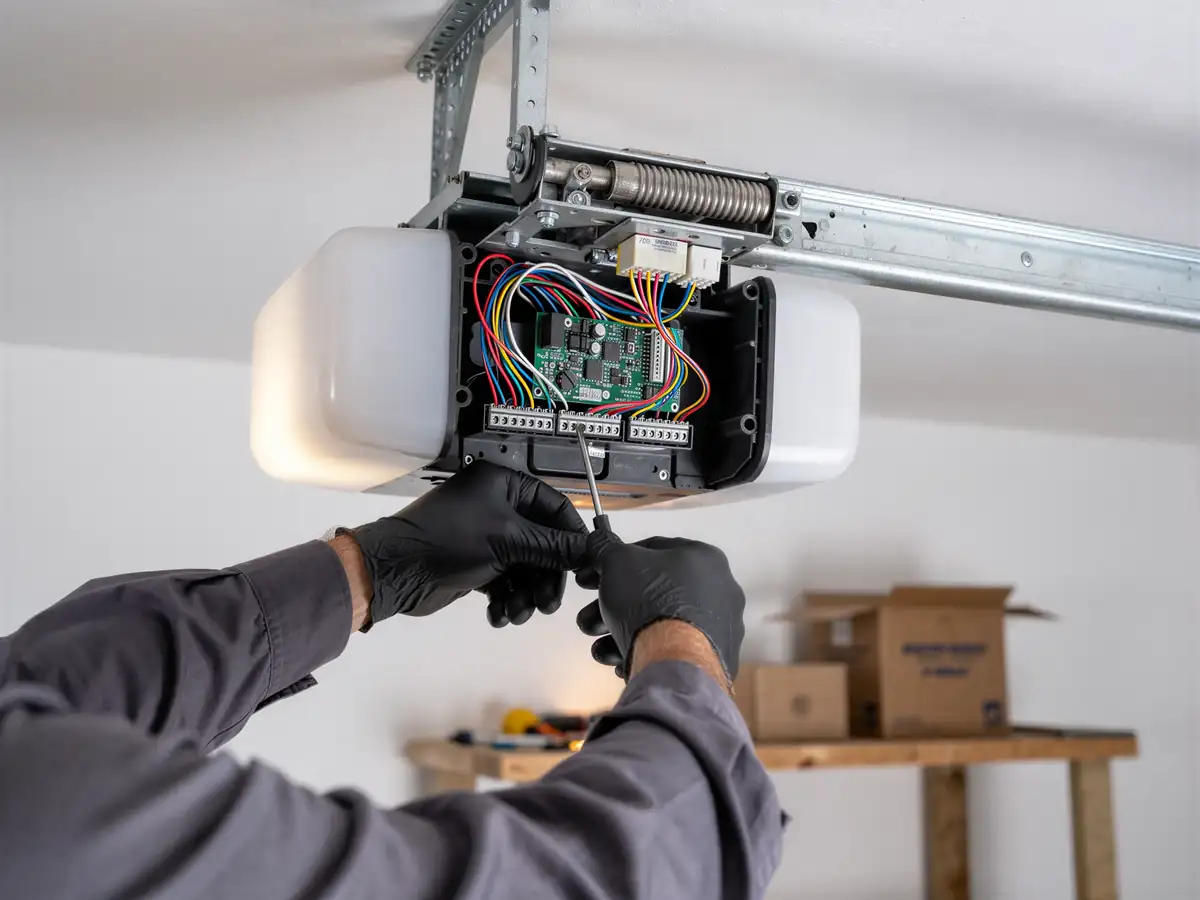 A technician in black gloves repairs a garage door opener with a screwdriver.