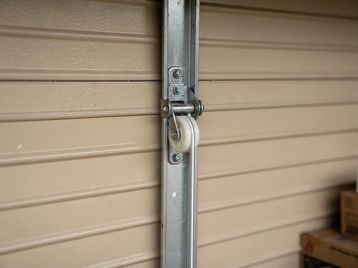 A white roller is attached to a metal track next to a tan garage door.