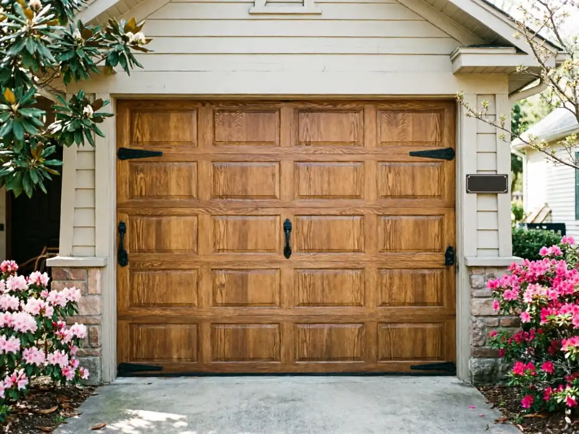 A brown wooden garage door with black decorative hardware is surrounded by pink flowers.